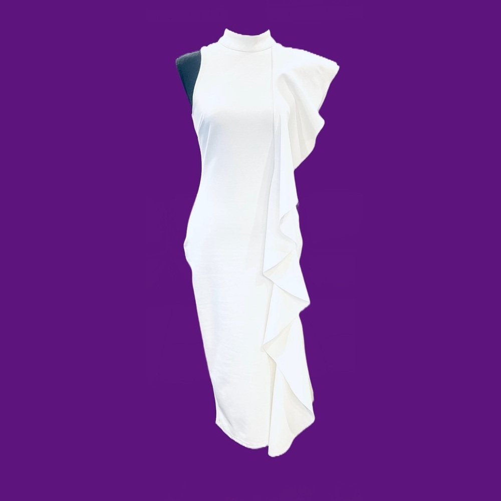 L’Atiste Modern White Midi Bodycon Ruffle Dress Small